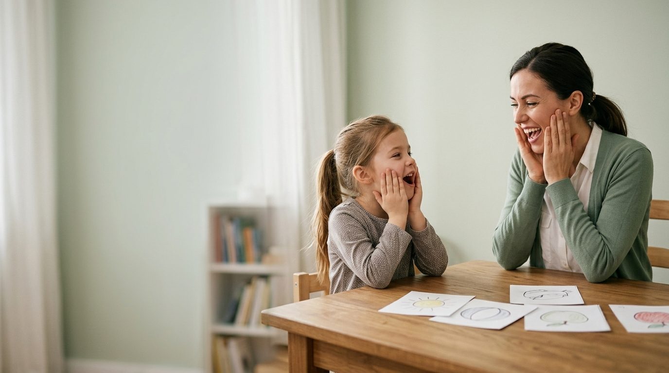 Speech therapist and child practising together