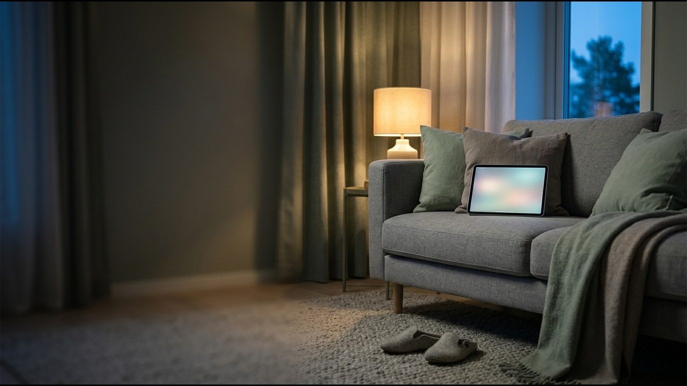 Tablet on a sofa in a living room