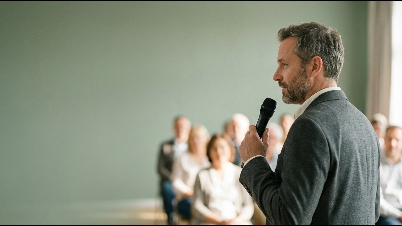 Person speaking into a microphone